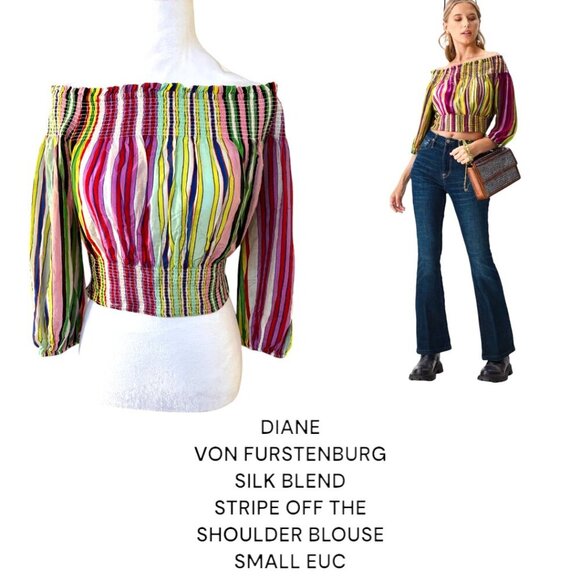 Diane von Furstenberg SILK BLEND RAINBOW STRIPE OFF THE SHOULDER CROP BLOUSE S - Picture 1 of 4
